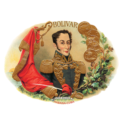 玻利瓦爾 Bolívar Belicosos Finos 魚雷型雪茄與其印有西蒙·玻利瓦爾肖像的金色標籤，展現品牌濃郁且充滿力量感的形象。